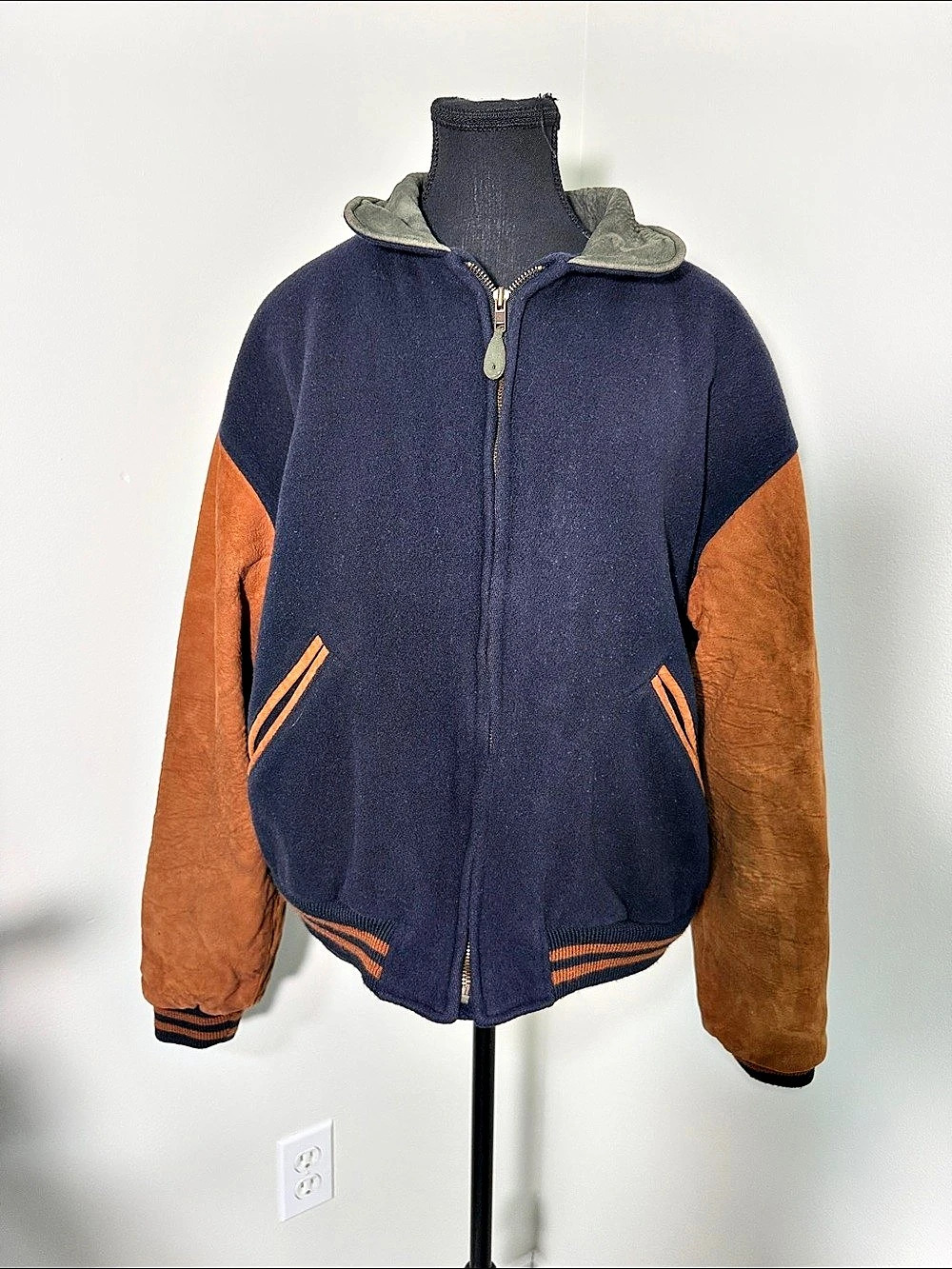 Vintage Golden Bear Wool Leather-Sleeve Varsity Jacket in Blue & Brown